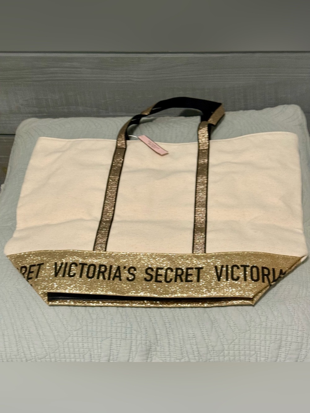 Victoria's Secret, NWT,  Ivory Large Tote with Gold Trim.